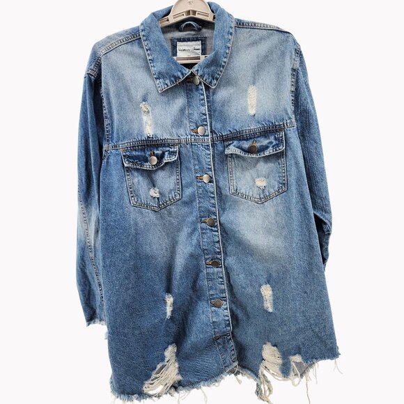 Highway Jeans Jackets & Blazers - Highway Jeans Womens Distressed Denim Jacket Dress 2X Long Sleeve Button-Up